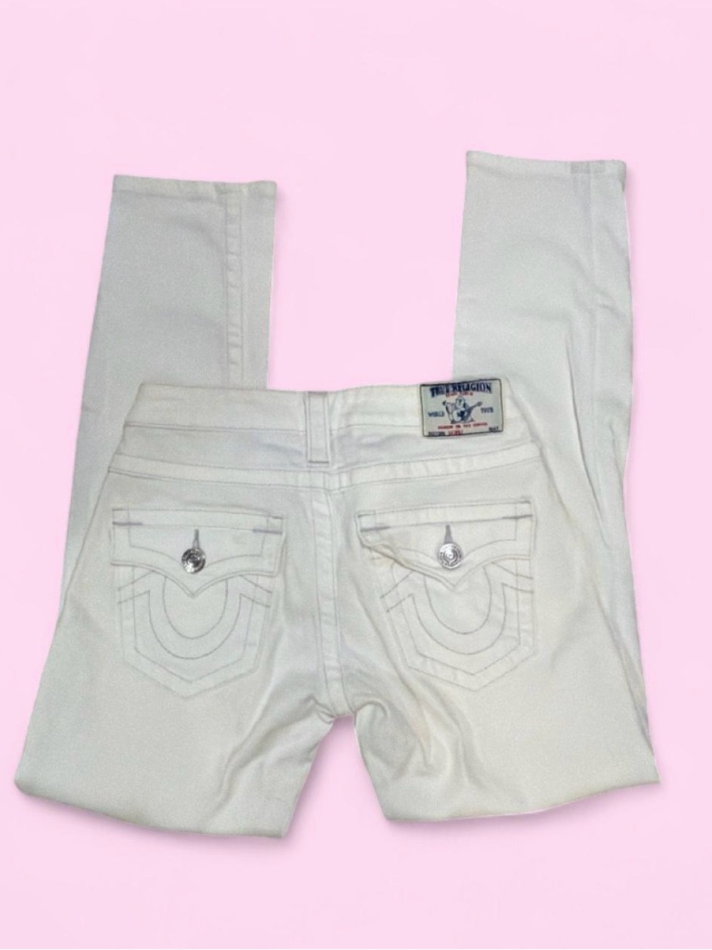 True Religion Women's Cream Skinny Jeans with Signature Pocket Stitching